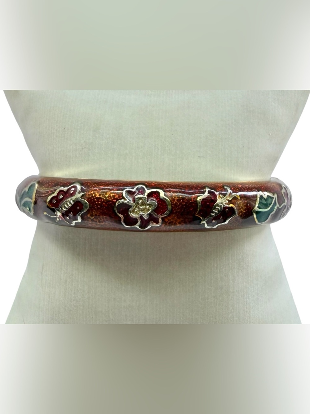 Vintage Chinese Cloisonne Enamel Hinged Bangle Bracelet Signed By: Jiu Long Xin